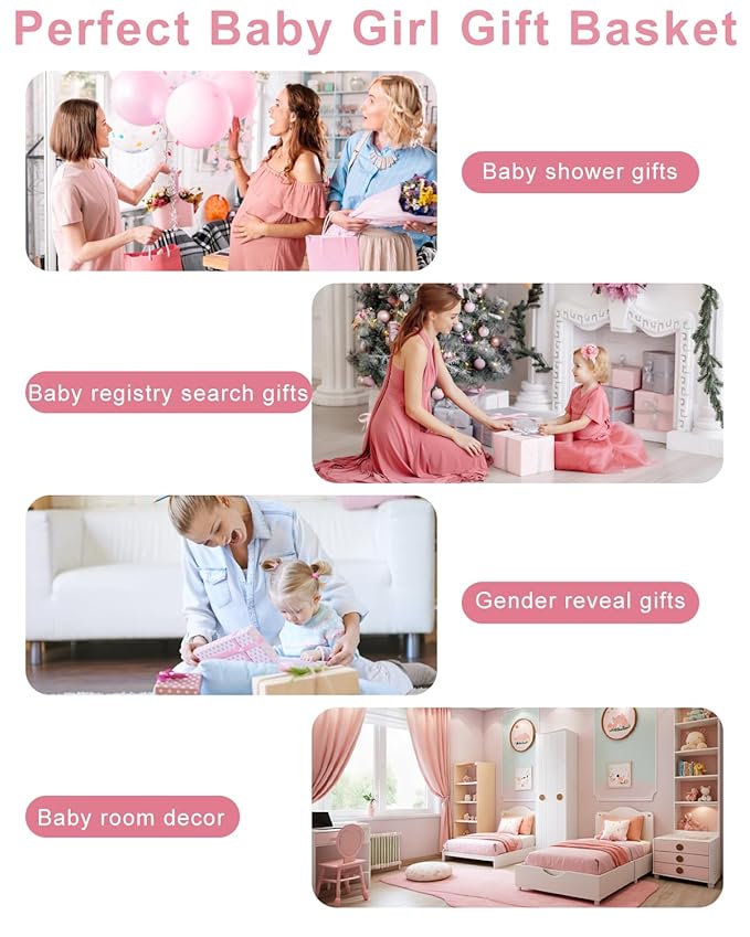 22-Pcs Baby Girl Gift Basket Set, Pink (0-12M Newborn) | Premium Baby Shower Gifts for Girls: Newborn Essentials Set in Woven Basket with Balloon & Bow, Ultimate Welcome Baby Package