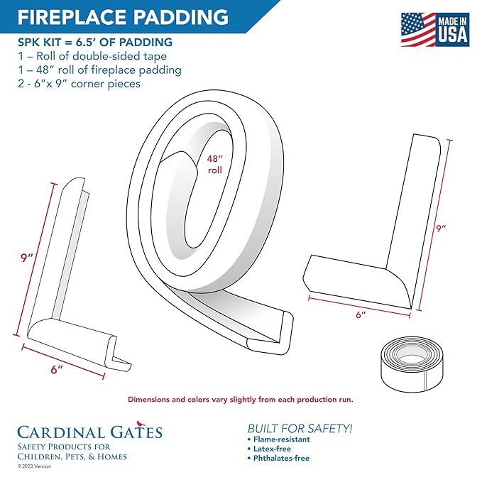 Cardinal Gates SPK Small Hearth Pad Kit - Fireplace Baby Proofing - Adhesive Backed Fireplace Bumpers for Babies - 4 Foot Roll of Padding & Two 6" x 9" Corners - Made in The USA - Brown
