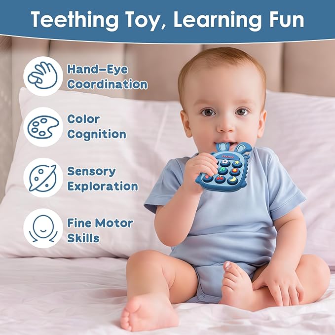 Teething Toys for Babies, BPA-Free Silicone Teether Toy for Infants, Cute Rabbit Phone Design with Easy-Grip Ears, Soothing Gums and Push Pop for Boy and Girl