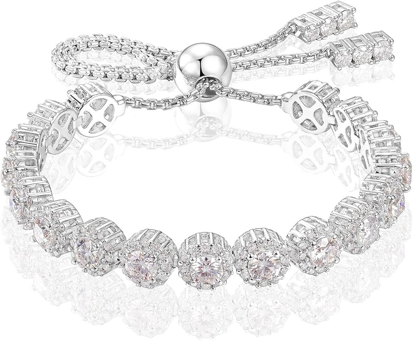 Moissanite Halo Bracelet 4.9CT-8.0CT Lab Grown Moissanite Bracelet for Women 18K White Gold Plated S925 Sterling Silver Adjustable Tennis Bracelet 5MM/7.5MM Iced Out Bracelets Cluster Jewelry