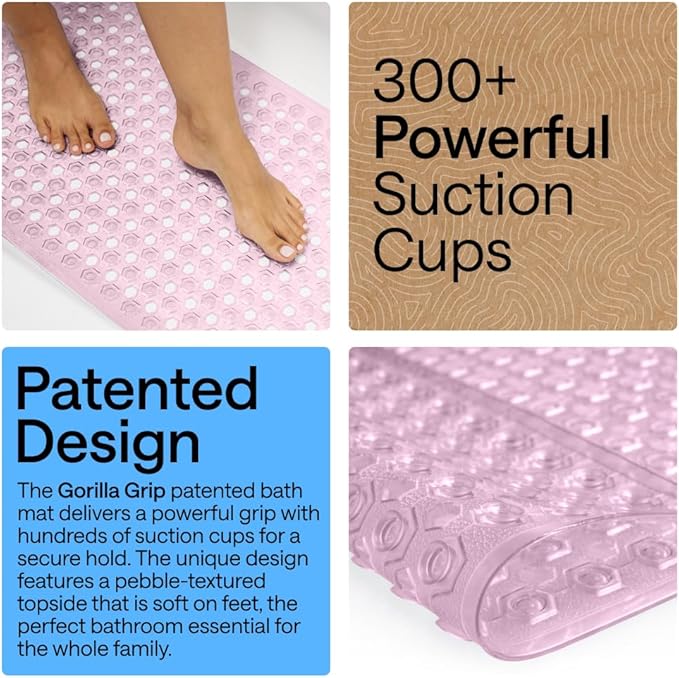 GORILLA GRIP Patented Bath Tub Shower Mat, Machine Washable Bathtub Floor Liner Mats, Suction Cups and Drain Holes to Keep Tubs Clean, Soft on Feet, Bathroom Essentials, 35x16 Inch, Clear Light Pink