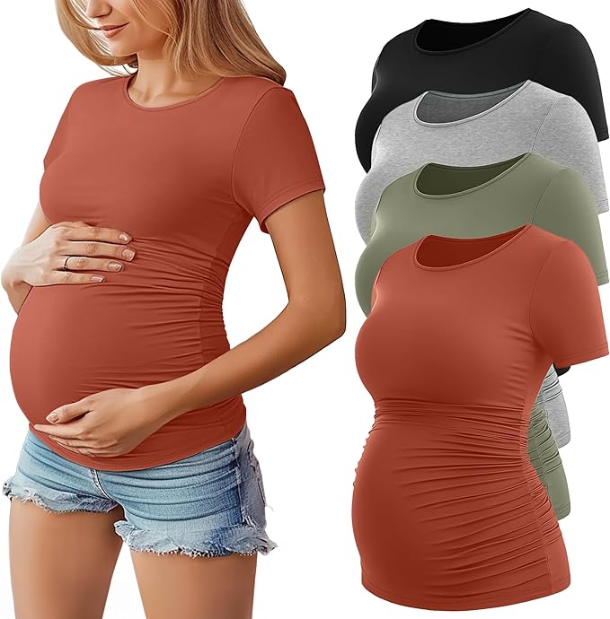 Huukeay 4 Pack Women's Maternity Shirts, Crew Neck Maternity Top Short Sleeve Casual Cotton Tee Side Ruched Pregnancy Clothes