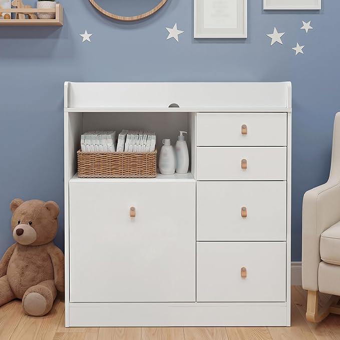 Baby Dresser Changing Table, Modern Nursery Dresser with Drawers, Storage Shelves, Diaper Changing Station for Nursery Room,Bedroom,Kids Room (White)