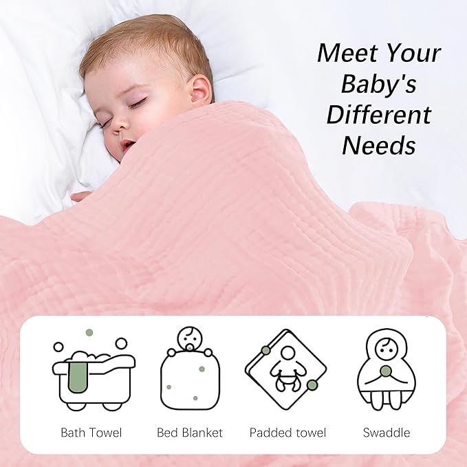 SWEET DOLPHIN Muslin Baby Bath Towels Blanket - 2 Pack 100% Cotton Towel for Babies, Infants, Toddlers - 40x40Inch - Highly Absorbent, Pink