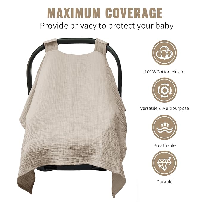 Metplus Muslin Car Seat Cover for Babies - Carseat Stroller Cover Infant Stroller Covers for Boys and Girls, Breathable & Lightweight, Fits Most Strollers & Baby Car Seats