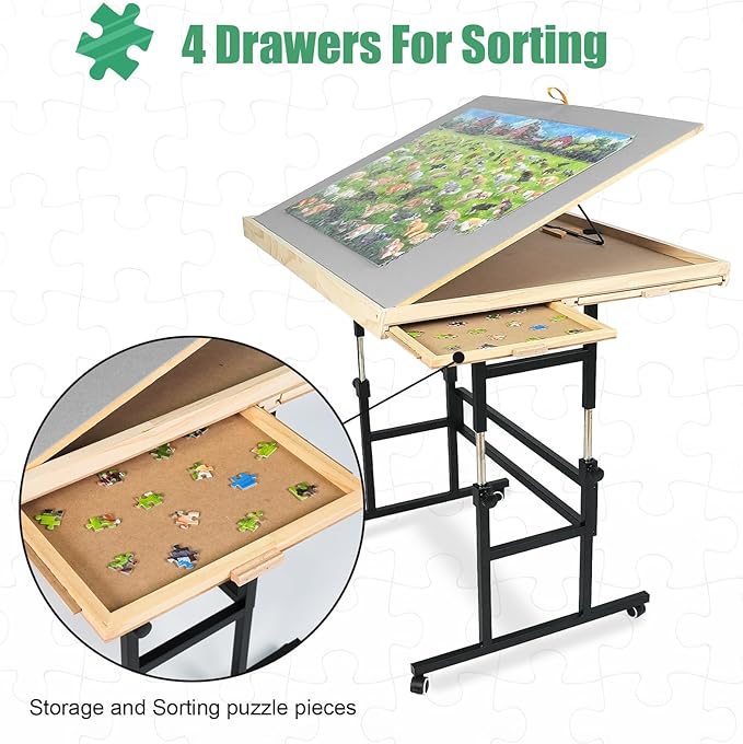 ALL4JIG 1500 Piece Jigsaw Puzzle Table with Legs,25"x34"Adjustable Puzzle Tables for Adults, 3-Tilting-Angle Portable Wooden Jigsaw Puzzle Board Portable with 4 Drawers & Cover Birthday Gift for mom