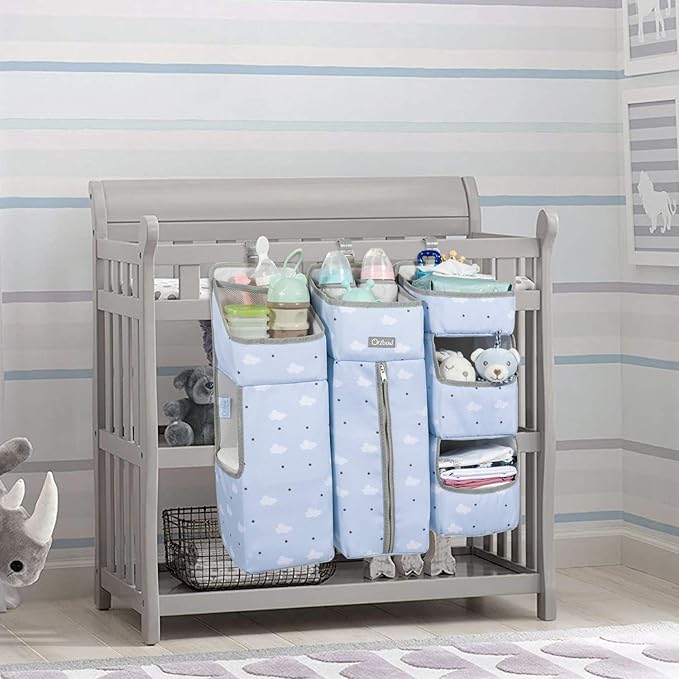 Orzbow 3-in-1 Hanging Diaper Organization Storage for Baby Essentials | Nursery Organizer and Baby Diaper Caddy | Hang on Crib, Changing Table or Wall, Blue