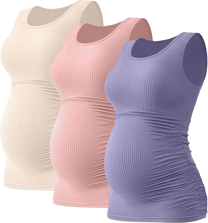 Riyiper 3 Pack Women's Maternity Tank Tops, Sleeveless Cotton Pregnancy Shirts Ribbed Knit Sides Ruched Basic Mama Clothes