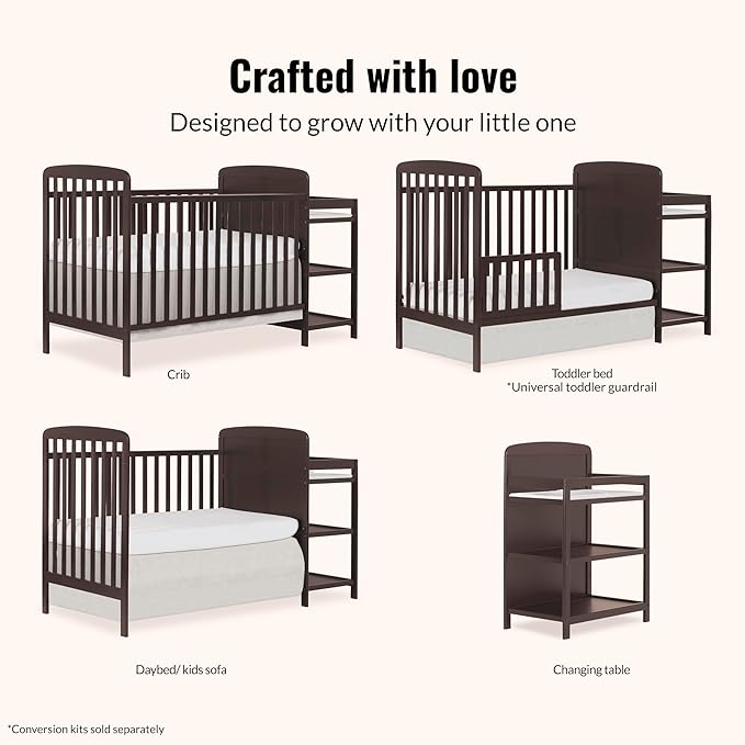 Dream On Me Anna 4 in 1 Full Size Crib and Changing Table Combo in Chocolate Chip, Greenguard & JPMA Certified, Converts from Baby Crib to Toddler Bed and Day Bed