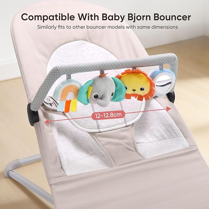 Baby Bouncer Toy Bar Soft with 4 Hanging Sensory Toys Attachment, Compatible with Baby Bjorn Bouncer, with Mirror, Rattle, Crinkle Sound for Babies All Ages (Colorful Animals)
