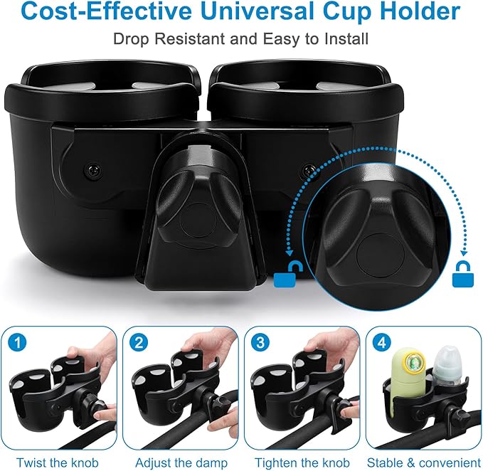 Accmor Stroller Cup Holder, Universal Cup Holder for Uppababy Nuna Doona Strollers, Double Bottle Holder for Stroller, Bike, Wheelchair, Walker, Scooter