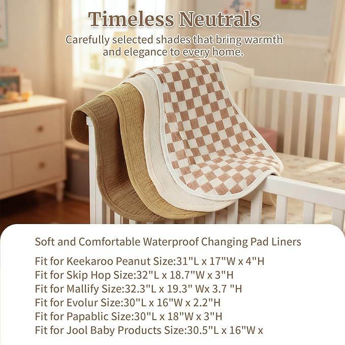 4-Pack Muslin Changing Pad Liners, Extra Thick & Ultra Soft for Warm Comfort, Waterproof Diaper Mat for Keekaroo Peanut & All Standard Baby Changers, 2-Sided Reusable (Brown)