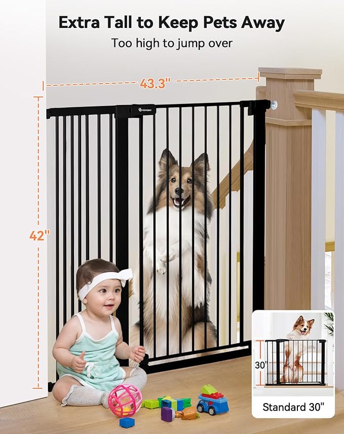 COMOMY 42" Extra Tall Baby Gate for Stairs Doorways, Fits Openings 29.5" to 43.3" Wide, Auto Close Sturdy Safety Dog Gate for House, Pressure Mounted Easy Walk Through Pet Gate with Door, Black