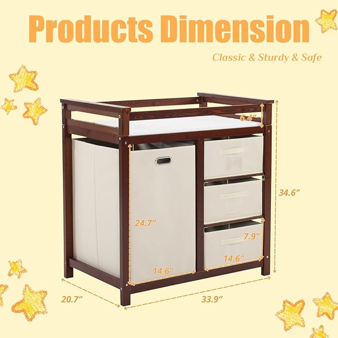 Karl home Modern Baby Changing Table,Dresser Baby Diaper Changing Station with Laundry Hamper,Infant Nursing Table with 3 Storage Drawers,Removable Safety Rail & Strap for Bedroom,Nursery,Brown