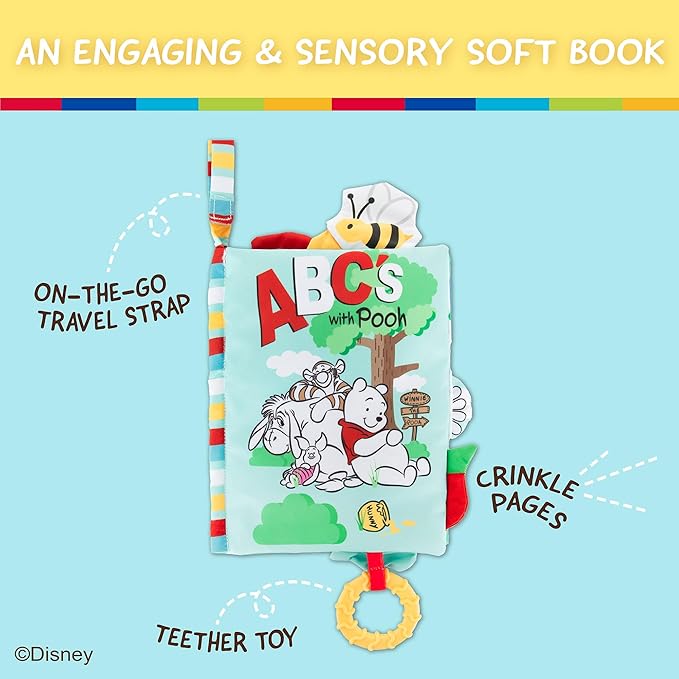 Kids Preferred Disney Baby Winnie The Pooh Deluxe Soft Book Abc's with Pooh On-The-Go Sensory Books for Babies with Crinkle Pages and BPA Free Teether