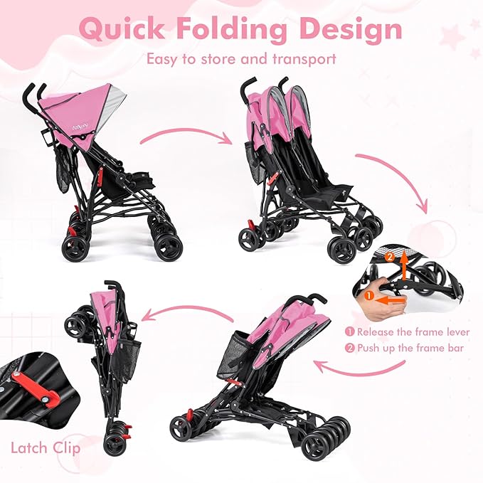 BABY JOY Double Umbrella Stroller, Lightweight Travel Side by Side Twin Stroller with Large Storage, Cup Holder, 5-Point Safety Harness, Adjustable Canopy & Compact Fold for Infant and Toddler (Pink)