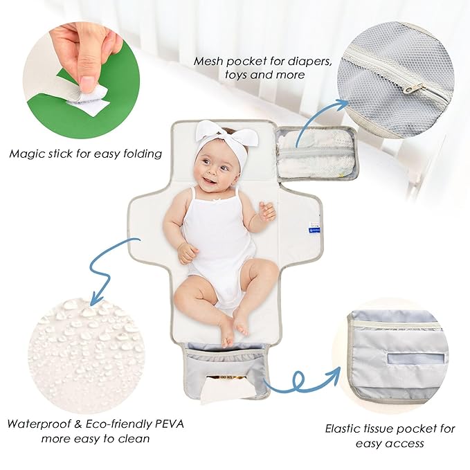 Green Portable Diaper Changing Pad for Baby, Waterproof & Foldable Changing Mat, Soft & Comfortable with Wipes Pocket, Baby Essentials