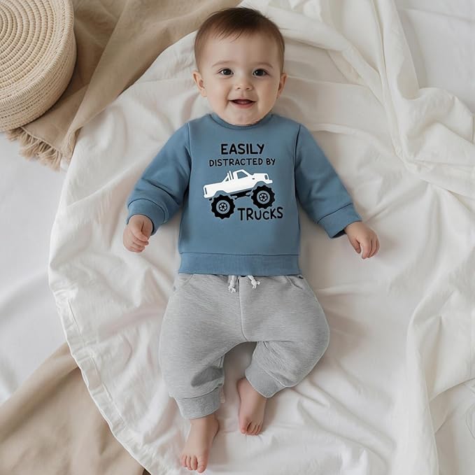 WZTYYDS Toddler Baby Boy Fall Clothes Letter Truck Long Sleeve Pullover Sweatshirt Tops Joggers Pants Set Winter Outfits