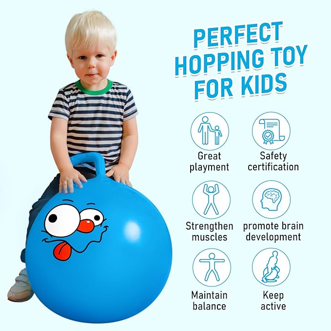 U&C Planet Hopper Ball 22 inches Bouncy Ball with Handle for Kids Age 7-12 Hoppity Hop Sit and Bounce Jumping Hopping Toy with Pump and Gift Box Great Gift for Birthday Christmas, Blue