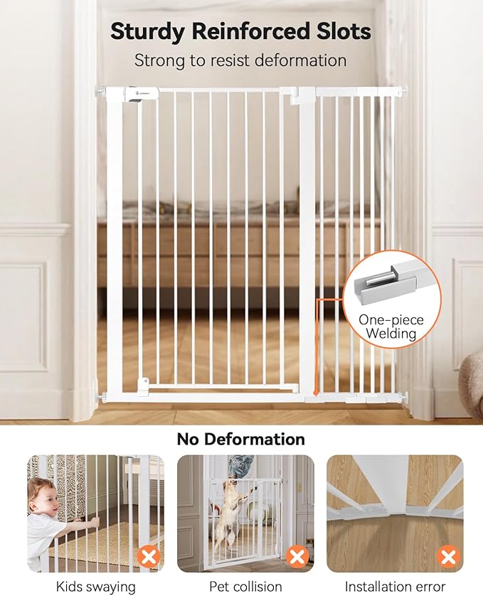 COMOMY 42" Extra Tall Baby Gate for Stairs Doorways, Fits Openings 29.5" to 43.3" Wide, Auto Close Sturdy Safety Dog Gate for House, Pressure Mounted Easy Walk Through Pet Gate with Door, White