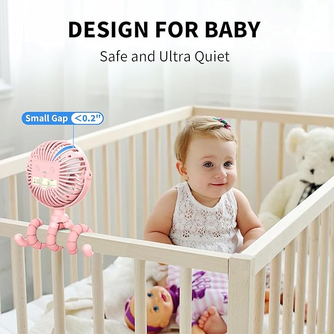 AMACOOL Battery Operated Stroller Fan, Baby Travel Essentials for Beach Disney, Newborn Boy & Girl Showers Gifts Registry Search, Flexible Tripod Clip On Fan for Car Seat Wagon Crib Bike Treadmill