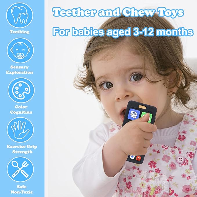 Teether Toys, Teething Relief Teethers Toys for Babies 3-6 12 Months, Play Phone Remote Control Keyboard Toy for Newborn Infant Boy Girl Autism Essentials, Food Grade Silicone Sensory Toy