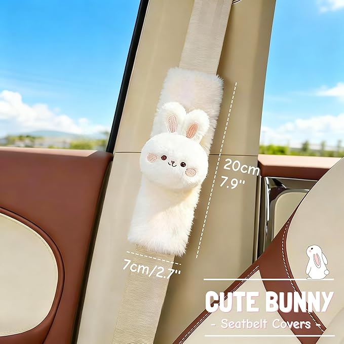 2 PCS Seat Belt Cover Pad, Cute Kawaii Animal Bunny Seatbelt Covers for Kids and Adults, Winter Plush Fluffy Soft Seat Belt Cover, Cartoon Seatbelt Cushion,Car Seat Strap Pads (F-Bunny)