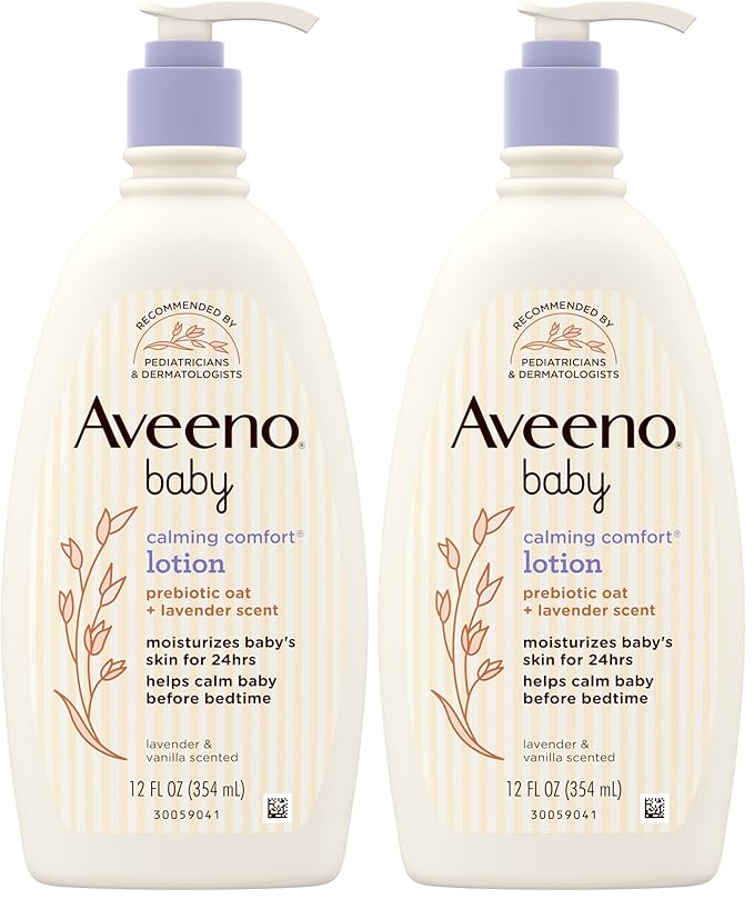 Aveeno Baby Calming Comfort Moisturizing Body Lotion with Relaxing Lavender & Vanilla Scents, Non-Greasy Baby Lotion, Nourishing Prebiotic Oatmeal, & No added parabens 12 fl. oz (Pack of 2)