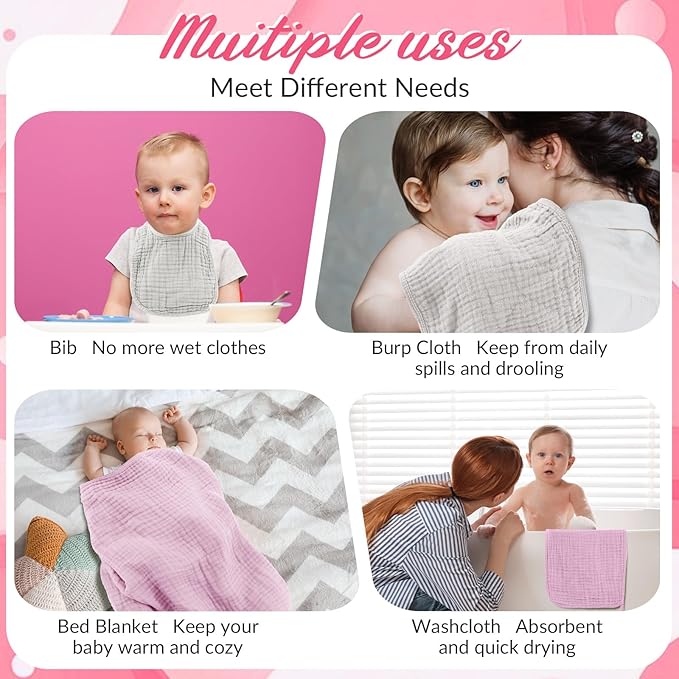 6 Pcs Muslin Hooded Bath Towels Washcloths and Bibs Set, Muslin Cotton Baby Towels Absorbent Hooded Blanket Towel Infant Bibs for Boys Girls Newborn Infant Essential(White, Pink)