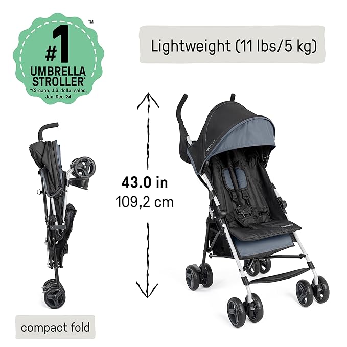 Ingenuity 3D Mini Convenience Stroller – Lightweight Stroller with Compact Fold, Multi-Position Recline, Canopy with Pop Out Sun Visor – Umbrella Stroller for Travel and More, Slate Grey