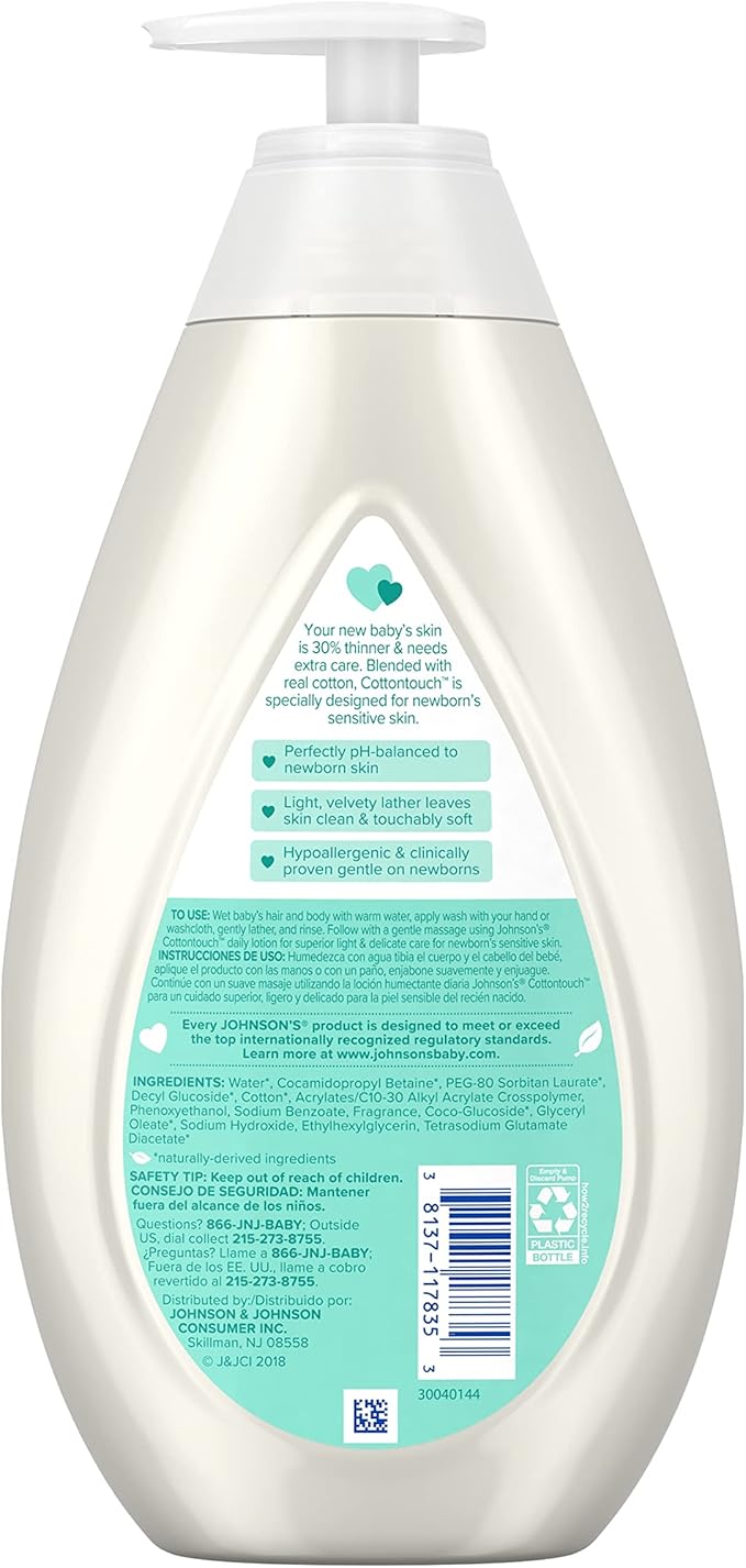 Johnson's CottonTouch Newborn Baby Wash & Shampoo with No More Tears, Sulfate-, Paraben- Free for Sensitive Skin, Made with Real Cotton, Gently Washes Away Dirt & Germs, 27.1 fl. oz