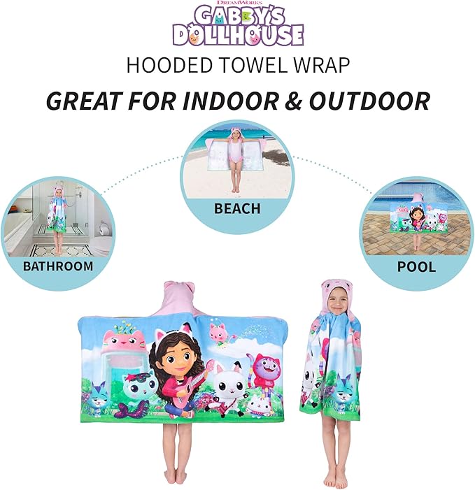 DreamWorks Gabby's Dollhouse Bath/Pool/Beach Soft Cotton Terry Hooded Towel Wrap, 24 in x 50 in, By Franco Kids