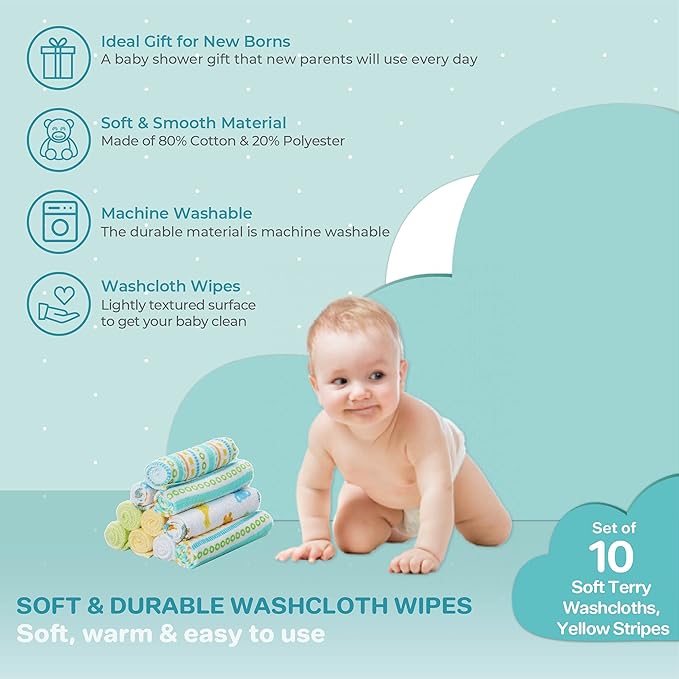 Spasilk Baby Washcloth Wipes Set for Newborn Boys and Girls, Soft Terry Washcloth Set, Pack of 10, Yellow Lines