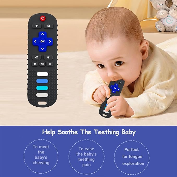 Baby Teething Toys, Food Grade Silicone Teether for Babies 3 6 12 18 Months, TV Remote Shape Toddlers Chew Toys, Freezer BPA Free (Black+Beige)