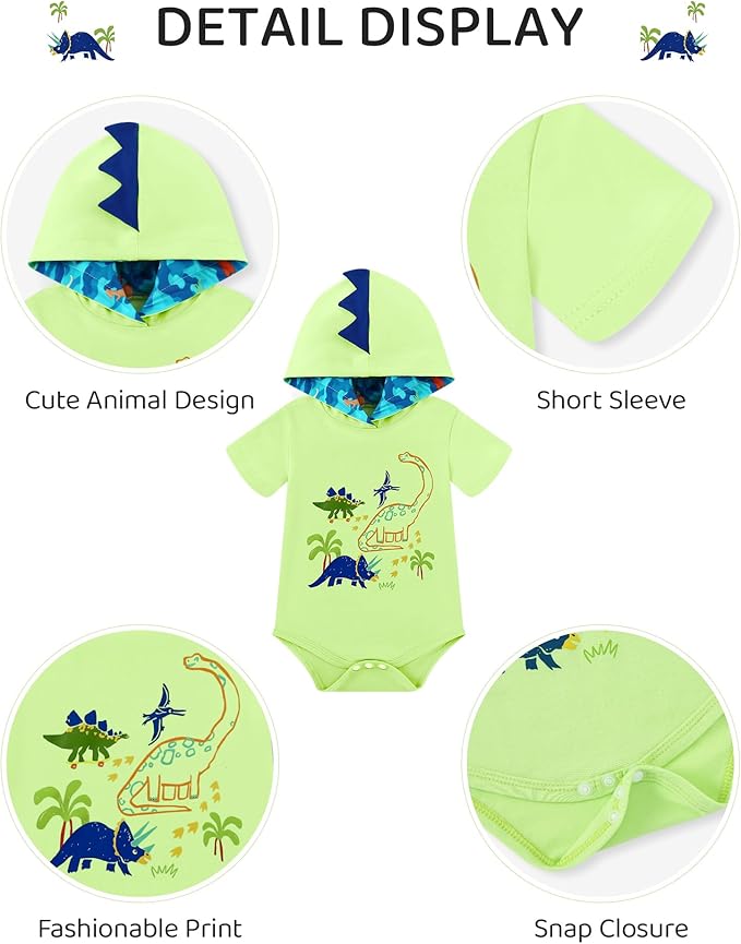 Newborn Boy Summer Outfits Animal Print Short Sleeve Romper with Hoodie & Pants Infant Clothing Set
