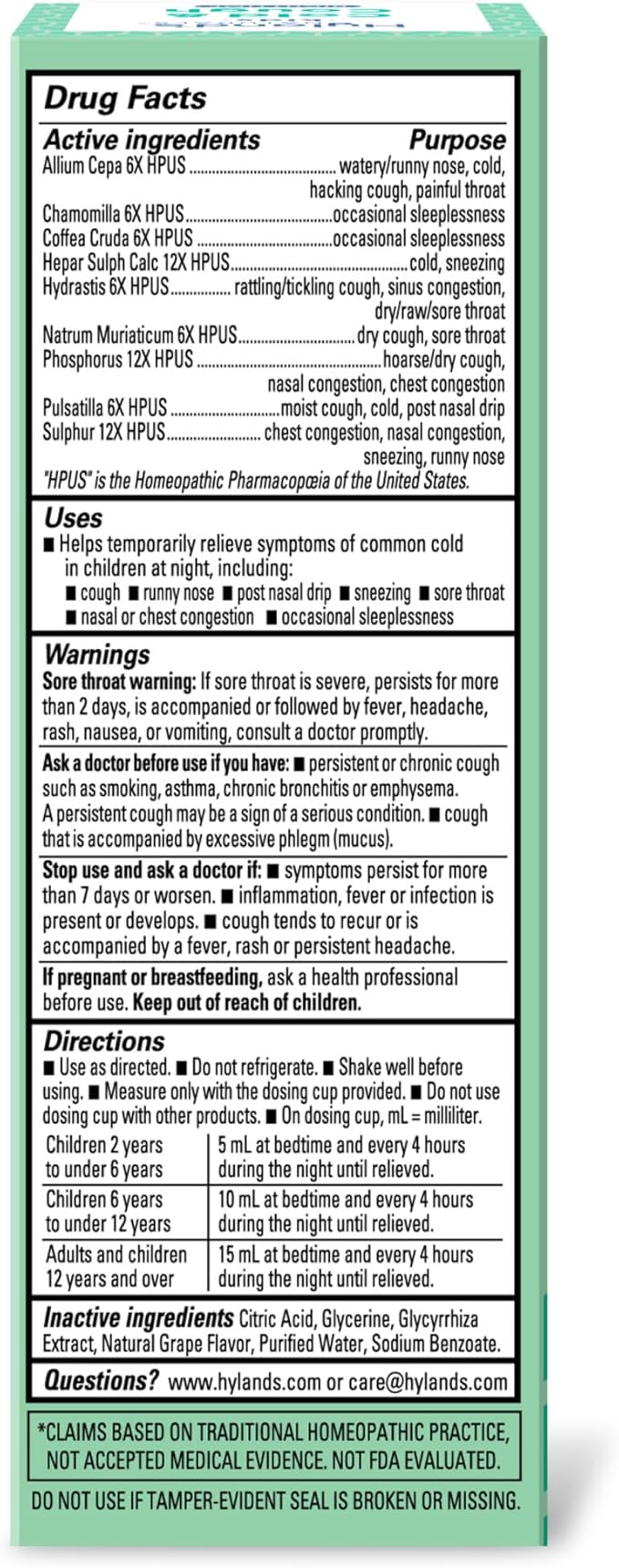 Hyland's Kids Cold and Cough, Nighttime Grape Flavor Cough Syrup Medicine for Kids Ages 2 and up, Decongestant, Sore Throat, and Sleeplessness Relief of Common Cold Symptoms, 4 Fl Oz
