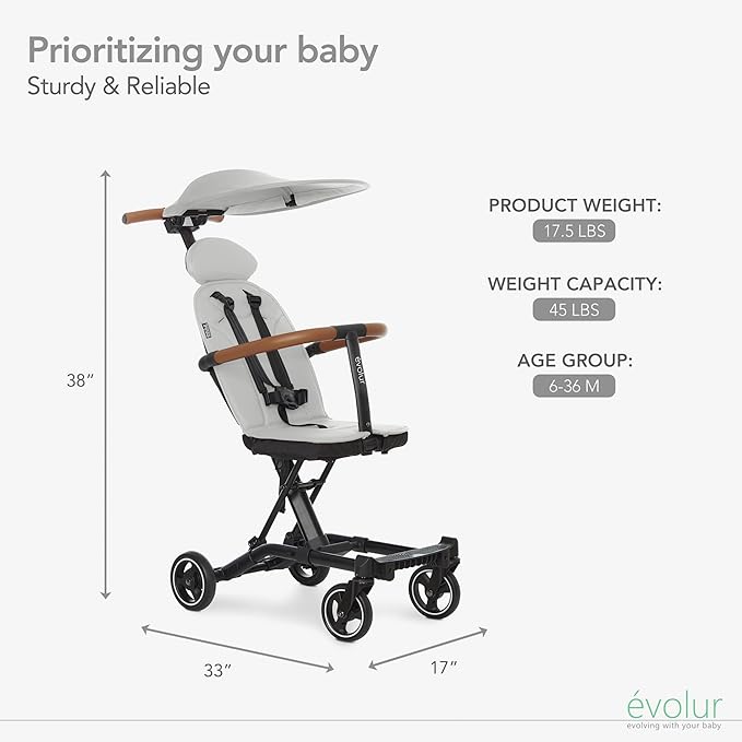 evolur Cruise Rider Stroller with Canopy, Lightweight Umbrella Stroller with Compact Fold, Easy to Carry Travel Stroller - Koala Gray