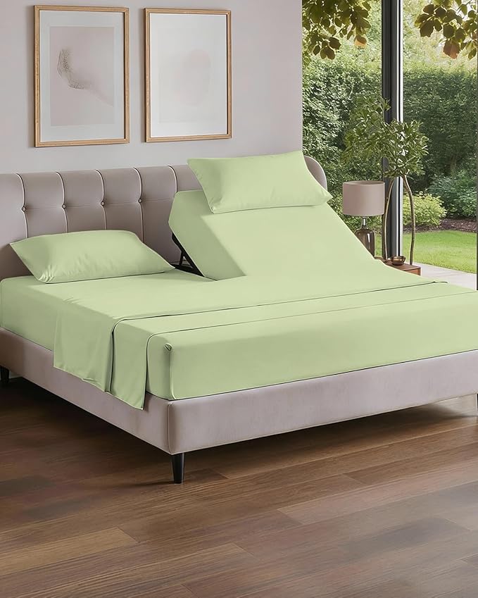 Split Head King Sheet Set – 4 Piece Flex Split Top King Sheets for Adjustable Beds - Fits 14” to 16" Mattress w/ Deep Pockets - Breathable & Cooling - Luxury Bedding & Wrinkle Free - Light Sage Green
