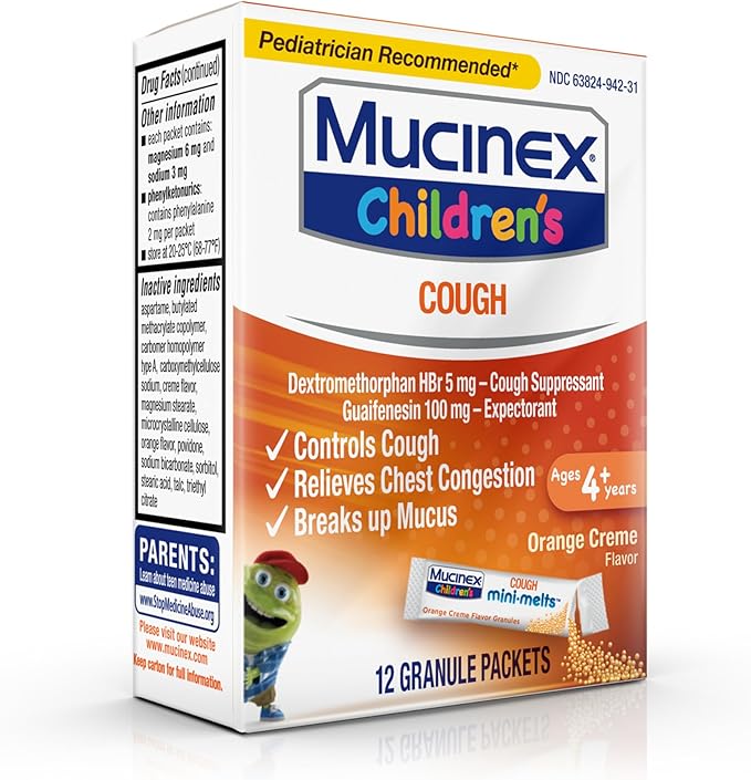 Mucinex Children's Chest Congestion Expectorant and Cough Suppressant Mini-Melts, Orange Cream, 12 Count (Packaging May Vary) (Pack of 2)