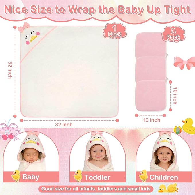 4 PCS Baby Towels Set, Soft Baby Towels and Washcloths Set, 1 Hooded Baby Towel and 3 Baby Washcloths for Newborns, Toddlers, and Kids, 32x32 Baby Towel with Hood for Boy and Girl (Pink Duck)