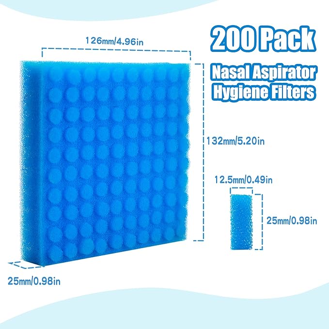 200-Pack of Premium Nasal Aspirator Hygiene Sponges, Replacement for Nosefrida Nasal Aspirator Filters, BPA, Phthalate & Latex-Free (200 Count)