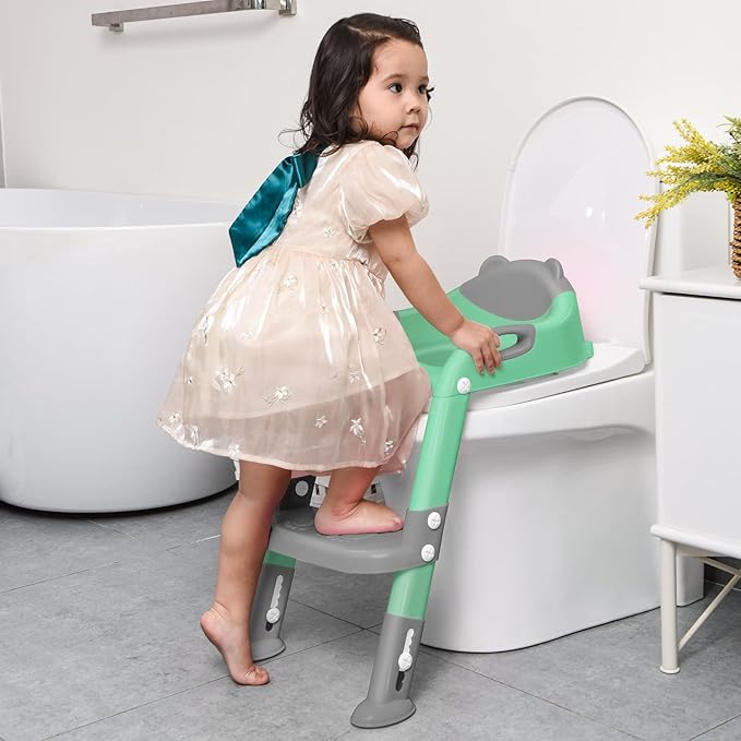Potty Training Seat ，SKYROKU Potty Training Toilet with Step Stool Ladder, for Kids Boys Girls Toddlers - Comfortable Safe Potty Seat with Anti-Slip Pads Ladder (8838-GreyGreen)