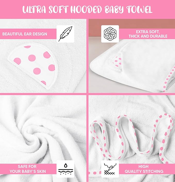 Set of 2 Hooded Baby Towels – White and Pink – Luxurious, Large and Super Absorbent – 30 x 30 Inch – Soft and Suitable for Infants, Toddlers and Kids – 400 GSM