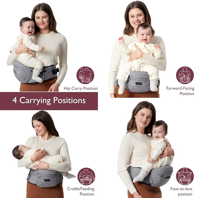 Momcozy Hip Seat Baby Carrier - Adjustable Waistband with Original 3D Belly Protector & EVA Massage Board, Ergonomic Carrier with Various Pockets for Newborns & Toddlers up to 45lbs (Grey, Large)