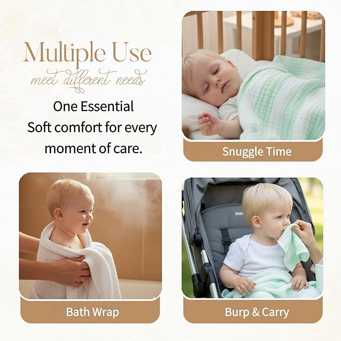 5-Piece Muslin Baby Bath Towel Set - 100% Organic Cotton, (2) Large 6-Layer 41x41 Towels & (3) Washcloths, Multi-Use Blanket & Bath (Green Striped)