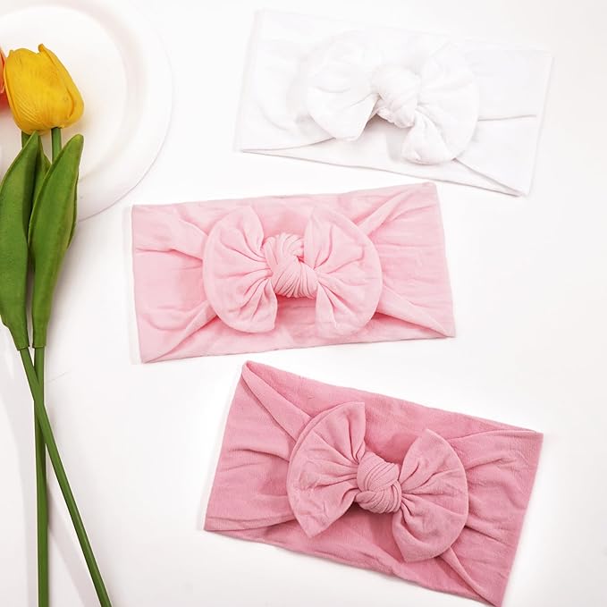JOYOYO 3 Colors Soft Wide Turban Baby Headbands with 4.5 inches Hair Bow Headbands for Baby Girls Infants Newborn Hair Accessories Toddlers Kids and Children(White Pink Pink)