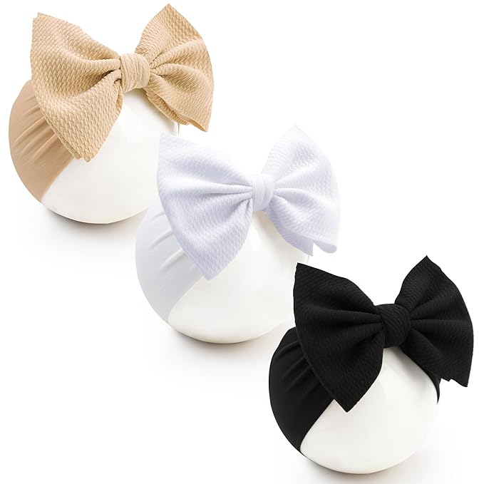 Baby Bow Headbands 3 Pcs Baby Girl Headbands with Bows Soft Nylon Kahki/White/Black Headband Bows for Baby Girls, Newborns, Infants