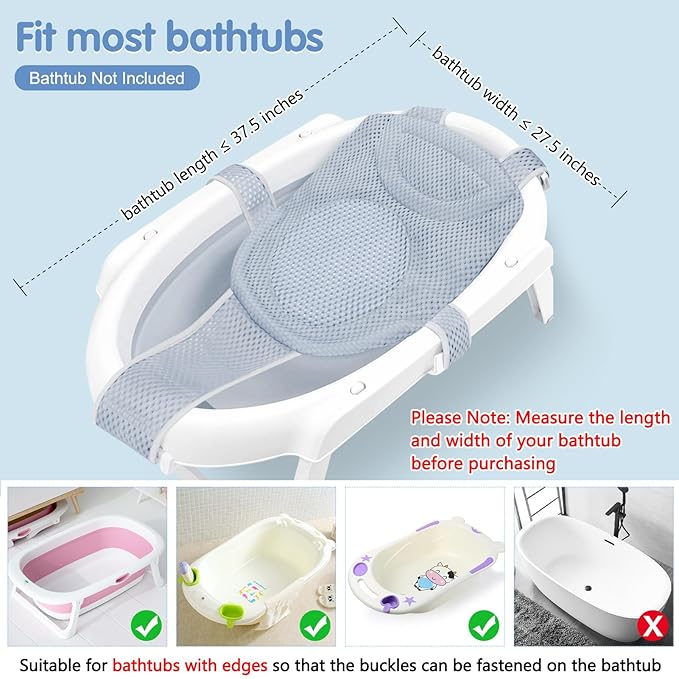 Colorlife Baby Bath Seat Support Net Infant Bathing Seat Support Mat, Adjustable Comfortable Non-Slip Five-Pointed Baby Shower Net Bathtub Sit Up Mesh for Newborn 0-12 Months-Grey(No Bathtub)