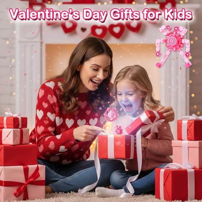 2 PCS Transformable Fidget Spinners for Kids, Valentine's Day Gifts for Classroom Exchange, Party Favors, Sensory Stress Relief Toy for Girls & Boys,Pink Deformable Mechanical Chain Robot Toy