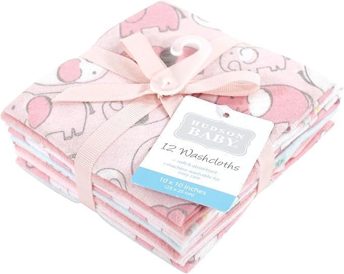Hudson Baby Unisex Baby Flannel Cotton Washcloths 12-Pack, Girl New Elephant, One Size